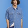 Esprit Belgique - Esprit chemise carrée en jean à manches courtes bleu délavé moyen hommes DJX6JH670 chemises