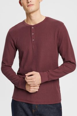 Esprit Belgique - Esprit haut en piqué gaufré à manches longues, 100% coton rouge bordeaux hommes DJX6JH823 manches longues