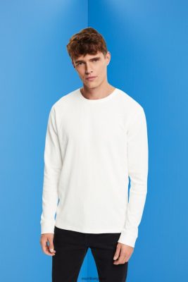 Esprit Belgique - Esprit haut à manches longues en piqué gaufré blanc cassé hommes DJX6JH850 manches longues