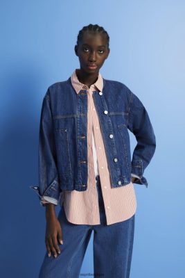Esprit Belgique - Esprit veste en jean sans col avec cordons de serrage bleu foncé femmes DJX6JH298 vestes
