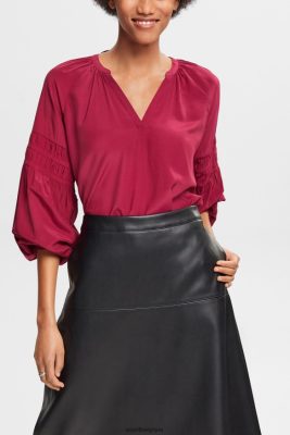 Esprit Pantalon - Esprit blouse avec détails smockés, lenzing ecovero rouge cerise femmes DJX6JH371 chemisiers