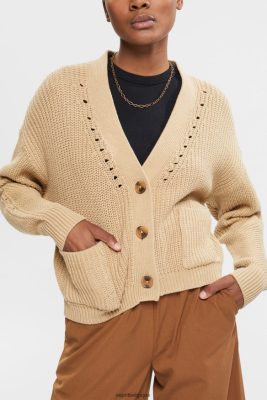 Esprit Pantalon - Esprit cardigan en coton mélangé à grosses mailles sable femmes DJX6JH392 pulls