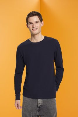 Esprit Pantalon - Esprit haut à manches longues en piqué gaufré marine hommes DJX6JH824 manches longues