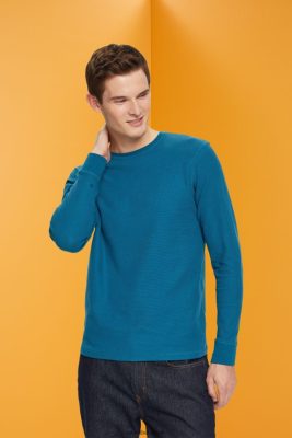 Esprit Pantalon - Esprit haut à manches longues en piqué gaufré turquoise foncé hommes DJX6JH851 manches longues