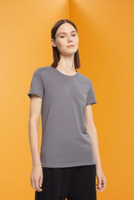 Esprit Pantalon - Esprit t-shirt à col rond en coton gris moyen femmes DJX6JH455 t-shirts