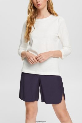 Esprit Pantalon - Esprit t-shirt décontracté en coton flammé blanc cassé femmes DJX6JH539 t-shirts
