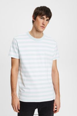 Esprit Pantalon - Esprit t-shirt rayé à col rond vert aqua clair hommes DJX6JH770 t-shirts