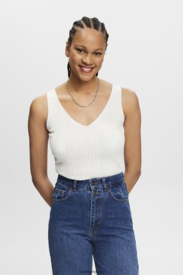 Esprit Pantalon - Esprit top col v en maille avec lin blanc cassé femmes DJX6JH305 pulls