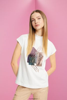 Esprit Robe De Plage - Esprit t-shirt appliqué à sequins, tencel blanc cassé femmes DJX6JH399 t-shirts