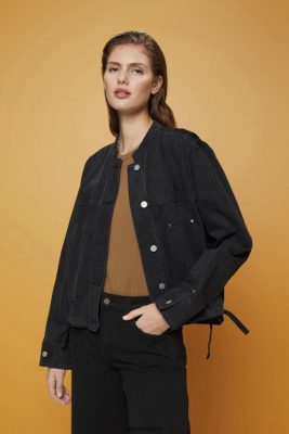 Esprit Robe De Plage - Esprit veste en jean sans col avec cordons de serrage noir délavé moyen femmes DJX6JH297 vestes